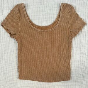 Wild Fable Tan Ribbed Crop T-Shirt Short Sleeve